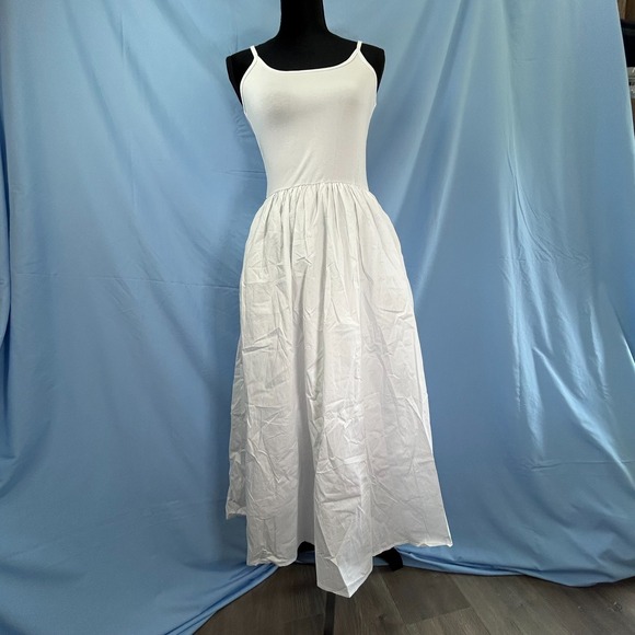 Commense Dresses & Skirts - Commense Cami Midi Dress Womens M White Cotton Stretch Pleated Spaghetti Strap